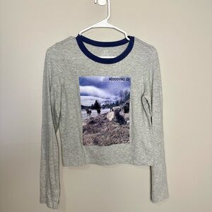 Aerie “Mooooving On” Cow Graphic Gray Long Sleeve Tee with Blue Trim